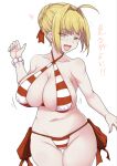  :d ahoge bead_bracelet beads bikini blonde_hair blush bouncing_breasts bracelet breasts cameltoe covered_nipples criss-cross_halter fate/grand_order fate_(series) green_eyes groin hair_ribbon halterneck heart jema jewelry large_breasts md5_mismatch navel nero_claudius_(fate)_(all) nero_claudius_(swimsuit_caster)_(fate) open_mouth plump red_ribbon ribbon short_hair side-tie_bikini simple_background smile solo standing striped striped_bikini swimsuit translation_request white_background 