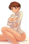  arm_under_breasts blush blz breast_hold breasts brown_eyes brown_hair cleavage highres looking_at_viewer meme_attire open-chest_sweater ribbed_sweater short_hair sitting solo super_real_mahjong sweatdrop sweater toono_mizuki 