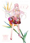  alternate_costume artist_name bag bird_of_paradise blush character_name closed_mouth copyright_name darling_in_the_franxx ekita_xuan fingernails flower flower_request green_eyes hairband hand_on_hip high_heels highres horns legs_apart long_hair looking_at_viewer nail_polish pink_hair pink_shirt red_footwear red_nails red_skirt shirt shoulder_bag skirt smile solo white_background zero_two_(darling_in_the_franxx) 