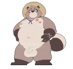  2018 anthro balls belly blush brown_fur canine fur hat male mammal navel nipples overweight overweight_male penis quanjiang simple_background solo straw_hat tanuki white_background 