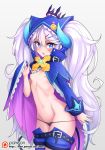  1girl belt blue_eyes breasts chiliarch_(elsword) chinese_commentary commentary_request crown elsword gradient gradient_background hair_between_eyes hair_ornament hairclip hood horns long_hair long_sleeves looking_at_viewer luciela_r._sourcream navel nipples open_clothes open_mouth panties panty_pull patreon_logo patreon_username shorts simple_background small_breasts solo twintails underwear very_long_hair waero white_hair 