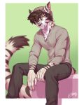  2018 5_fingers anthro beanie black_fur black_nose black_skin black_stripes brown_hair candy cat clothed clothing egyptian_mau feline feralise food fully_clothed fur green_background hair hat lollipop looking_aside male mammal multicolored_fur multicolored_skin neck_tuft pants shirt simple_background sitting solo stripes tuft two_tone_fur two_tone_skin white_fur white_skin yellow_eyes 