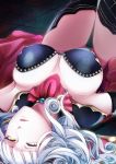  ass_visible_through_thighs bangs black_choker black_legwear blunt_bangs breasts breasts_apart carmilla_(fate/grand_order) choker commentary commentary_request curly_hair eyebrows eyelashes fate/grand_order fate_(series) gem large_breasts long_hair looking_away lying on_back open_mouth partial_commentary sayvi shoulder_pads showgirl_skirt slit_pupils solo strapless supportasse thigh_gap thighhighs white_hair yellow_eyes 