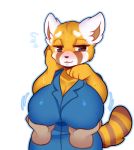  2018 aggressive_retsuko anthro big_breasts blush breasts clothed clothing digital_media_(artwork) disembodied_hand female hand_on_face holding_breast looking_at_viewer mammal raikissu red_panda retsuko sanrio short_stack simple_background solo_focus sweat white_background 