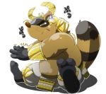  2014 anthro belly canine clothing debirobu humanoid_hands japanese_text male mammal navel overweight overweight_male pants sengoku_puzzle simple_background solo tanuki text tokugawa_ieyasu white_background 