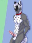  2018 5_fingers animal_genitalia animal_penis anthro balls black_fur blue_background canine canine_penis cinta collar erection eyebrows fur green_eyes grey_fur grey_hair hair hands_behind_back knot leaning looking_at_viewer male mammal multicolored_fur multicolored_hair nude penis pink_penis pose ratchet_wolfe side_view simple_background smile smirk solo spots standing two_tone_dick two_tone_fur two_tone_hair white_fur white_hair wolf 