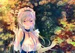  :d apron arms_up azur_lane bangs bare_shoulders belfast_(azur_lane) blush braid breasts chain cleavage collar collarbone commentary_request corset eyebrows_visible_through_hair flower french_braid frilled_apron frilled_gloves frills garden gloves jewelry large_breasts leaf maid maid_apron maid_headdress open_mouth outdoors ring silver_hair sleeveless smile tsunano_(koi_pink) white_apron white_gloves 