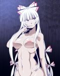  abs amazon_(taitaitaira) arm_at_side bamboo bamboo_forest bangs blunt_bangs bow breasts breasts_apart collarbone commentary_request eyebrows_visible_through_hair finger_to_mouth forest fujiwara_no_mokou groin hair_bow hair_ribbon hand_up highres hips long_hair looking_to_the_side medium_breasts nature navel night nipples nude pale_skin parted_lips red_eyes ribbon shiny shiny_skin sidelocks solo standing stomach toned touhou upper_body very_long_hair white_hair 
