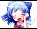  :d arm_up bangs blue_bow blue_hair blue_vest blush bow cirno closed_eyes commentary_request crying eyebrows_visible_through_hair facing_viewer fang glint hair_bow happy_tears head_tilt ice ice_wings jewelry letterboxed long_hair makuran neck_ribbon open_mouth puffy_short_sleeves puffy_sleeves red_ribbon ribbon ring shirt short_sleeves smile solo tears touhou vest wedding_ring white_background white_shirt wings 