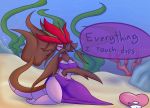  5_fingers anthro bra breasts brown_skin bubble cleavage clothed clothing coral crying death dialogue dragalge english_text female horn iguanasarecool luvdisc nintendo pok&eacute;mon pok&eacute;mon_(species) purple_skin rock sand seaweed skirt tears text underwater underwear video_games water 