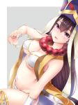  blush bra breasts bridal_gauntlets brown_hair commentary_request dutch_angle fate/grand_order fate_(series) grey_background hand_up hane_yuki hat highres jewelry large_breasts long_hair looking_at_viewer navel necklace open_mouth panties pink_eyes simple_background solo underwear white_bra white_panties xuanzang_(fate/grand_order) 