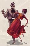  black_hair bow charro coco_(disney) crossdressing disney dress ernesto_de_la_cruz facial_hair goatee hector_rivera jacket male_focus multiple_boys red_dress short_hair skeleton skull smile 