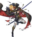  aless_(fire_emblem) angry attack bared_teeth black_cape black_capelet black_coat black_footwear blonde_hair boots bruise cape capelet clenched_teeth coat collar commentary cravat cuts damaged fire_emblem fire_emblem:_seisen_no_keifu fire_emblem_heroes full_body highres holding holding_sword holding_weapon injury lips looking_to_the_side male_focus medium_hair mystletainn official_art p-nekor pants scowl serious sheath shoulder_pads sidelocks solo sword teeth torn_cape torn_capelet torn_clothes torn_coat torn_pants transparent_background weapon white_pants yellow_eyes 