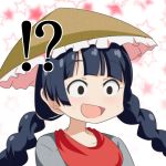  1girl :d ajirogasa black_hair braid cato_(monocatienus) commentary_request eyebrows_visible_through_hair face hat long_hair looking_away open_mouth smile solo star starry_background surprised sweat touhou twin_braids wide-eyed yatadera_narumi 