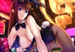  akeyama_kitsune animal_ears aozaki_aoko bare_shoulders blue_eyes breasts brown_hair bunny_ears bunny_tail bunnysuit chips cleavage commentary_request detached_collar food large_breasts long_hair looking_at_viewer mahou_tsukai_no_yoru poker_chip solo tail thighhighs 