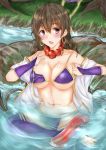  :o absurdres bead_necklace beads bikini blush breasts bridal_gauntlets brown_hair cleavage commentary_request earrings fate/grand_order fate_(series) highres hoop_earrings jewelry large_breasts long_hair looking_at_viewer navel necklace partially_submerged prayer_beads purple_bikini purple_hair purple_legwear riyo_(ryon_96) solo swimsuit thighhighs wardrobe_malfunction water xuanzang_(fate/grand_order) 