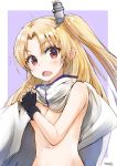  azur_lane bangs bare_shoulders blonde_hair blush breasts cape cleavage cleveland_(azur_lane) commentary eyebrows_visible_through_hair fang flying_sweatdrops hair_ornament head_tilt highres long_hair looking_at_viewer naked_cape nayuhi_(yukimuu14) one_side_up open_mouth parted_bangs purple_background red_eyes signature small_breasts solo two-tone_background v-shaped_eyebrows very_long_hair white_background white_cape 