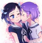  :t black_ribbon black_shirt blue_eyes blue_hair blue_ribbon blush cheek_kiss child closed_eyes closed_mouth commentary dokidoki!_precure hair_ribbon hishikawa_rikka kenzaki_makoto kiss multiple_girls negom one_eye_closed precure purple_hair ribbon sailor_collar school_uniform shirt short_hair short_sleeves upper_body white_ribbon white_sailor_collar white_shirt younger yuri 