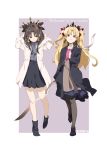  :3 artist_name bag black_hair black_legwear blade blonde_hair casual coat collarbone commentary_request contemporary earrings english ereshkigal_(fate/grand_order) fate/grand_order fate_(series) hair_ribbon handbag highres hoop_earrings infinity ishtar_(fate/grand_order) jewelry long_coat long_hair long_legs looking_at_viewer multiple_girls pantyhose red_eyes ribbed_sweater ribbon siblings sisters skirt smile sweater tiara turtleneck turtleneck_sweater two_side_up yuuzii 