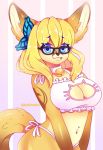  anthro bell belly_piercing blonde_hair blue_eyes bra breasts butterfly_clip canine cleavage clothed clothing collar eyewear facial_piercing female fennec fox furgonomics furry-specific_piercing glasses hair hairclip kaiyonato kuromokonachan lingerie lip_piercing mammal muzzle_piercing neko_lingerie nose_piercing panties piercing solo underwear 