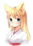  :o animal_ears bangs blonde_hair eyebrows_visible_through_hair fox_ears green_eyes japanese_clothes kai_himo light_blush long_hair miko original parted_lips simple_background solo upper_body white_background 