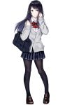  bag black_hair black_legwear blue_eyes flower highres jacket long_hair looking_at_viewer neck_ribbon original pantyhose pleated_skirt ribbon saitou_(lynx-shrike) school_bag school_uniform simple_background skirt sleeves_past_wrists solo white_background 