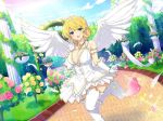  1girl angel_wings blonde_hair breasts flower gloves pillar ryouna_(senran_kagura) senran_kagura senran_kagura_(series) solo tiara wings yaegashi_nan 