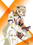  :d absurdres bare_shoulders bodysuit boots breasts brown_hair clenched_hands commentary headgear highres looking_at_viewer medium_breasts miyabi_mt-b navel_cutout open_mouth senki_zesshou_symphogear short_hair smile solo tachibana_hibiki_(symphogear) thigh_boots thighhighs 