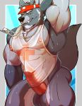  2018 anthro biceps bottomless canine clothed clothing digital_media_(artwork) fur hair hi_res knuxlight male mammal muscular muscular_male nipples pecs penis shirt simple_background solo tank_top were werewolf wet wet_shirt 
