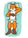  anthro archie_(thatoneguyweknow) barefoot bed briefs bulge canine clothed clothing cousindave fox looking_at_viewer lying male mammal on_back pillow solo tighty_whities topless underwear white_underwear 