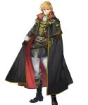  aless_(fire_emblem) black_cape black_capelet black_coat black_footwear blonde_hair boots cape capelet coat collar commentary cravat fire_emblem fire_emblem:_seisen_no_keifu fire_emblem_heroes full_body highres holding_cape lips looking_at_viewer male_focus medium_hair mystletainn official_art p-nekor pants scowl serious sheath sheathed shoulder_pads sidelocks solo standing sword transparent_background weapon white_pants yellow_eyes 