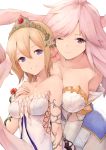  ;) absurdres bare_shoulders blonde_hair blue_eyes breasts cleavage collarbone commentary_request europa_(granblue_fantasy) eyebrows_visible_through_hair flower gabriel_(granblue_fantasy) granblue_fantasy hair_flower hair_ornament highres koretsuki_azuma looking_at_viewer medium_breasts multiple_girls one_eye_closed pink_hair purple_eyes rose short_hair simple_background smile tiara upper_body white_background 