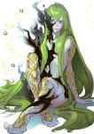  androgynous arm_support enkidu_(fate/strange_fake) fate/strange_fake fate_(series) green_hair long_hair male_focus nigorokke nude simple_background sitting smile solo tattoo white_background 