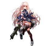 artist_request blush breasts bullpup cleavage full_body girls_frontline gun gun_case large_breasts long_hair looking_at_viewer official_art rifle side_ponytail silver_hair skirt sm-1 sm-1_(girls_frontline) thigh_strap thighhighs torn_clothes transparent_background very_long_hair weapon 
