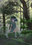  backlighting backpack bag bananannu basket blue_dress blue_eyes blue_hair blurry blush boots cucumber day depth_of_field dress expressionless eyebrows_visible_through_hair flat_cap forest frilled_skirt frills hair_between_eyes hair_bobbles hair_ornament hat highres kawashiro_nitori key looking_to_the_side moss nature one_side_up outdoors rubber_boots short_hair sitting sitting_on_rock skirt sleeves_rolled_up solo stream touhou wind 