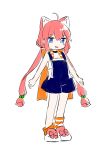  :d ahoge alternate_costume animal_ear_fluff animal_ears bangs bare_arms bare_shoulders black_choker blue_eyes blush_stickers bow cat_ears choker crop_top eyebrows_visible_through_hair full_body hair_between_eyes hair_bobbles hair_ornament hinata_channel kurihara_sakura long_hair looking_at_viewer loose_socks low_twintails nekomiya_hinata open_mouth overall_shorts overalls pink_bow pink_hair shoes simple_background smile socks solo standing striped striped_legwear twintails very_long_hair virtual_youtuber white_background white_footwear 