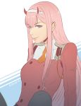  breasts commentary darling_in_the_franxx double-breasted eyeshadow green_eyes hairband horns koyorin makeup medium_breasts military military_uniform oni_horns orange_neckwear pantyhose pink_hair red_horns shiny shiny_hair sitting straight_hair uniform white_hairband zero_two_(darling_in_the_franxx) 