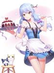  animal apron bangs bare_shoulders blue_dress bow breasts brown_eyes cake cat chocolate_cake closed_mouth collarbone commentary_request dress eyebrows_visible_through_hair food frilled_apron frills fruit hair_between_eyes hair_bow hair_ornament heart highres holding holding_plate long_hair looking_at_viewer low_twintails off-shoulder_dress off_shoulder original pastry pastry_bag plate purple_bow ririko_(zhuoyandesailaer) small_breasts solo sparkle stool strawberry twintails waist_apron white_apron white_background white_bow 