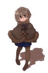  bow bowtie brown_eyes brown_hair fur_trim gloves highres kemono_friends multicolored_hair north_island_brown_kiwi_(kemono_friends) open_mouth pantyhose poncho red_hair rumenia_(ao2is) shadow short_hair simple_background solo two-tone_hair white_background 
