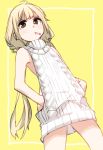  apple_(ygbhjdbiulsg) aran_sweater blonde_hair brown_eyes candy commentary_request cowboy_shot dress food futaba_anzu halterneck idolmaster idolmaster_cinderella_girls lollipop long_hair looking_at_viewer low_twintails meme_attire mouth_hold naked_sweater simple_background solo sweater sweater_dress twintails virgin_killer_sweater white_sweater 