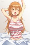  ahoge arm_behind_head arms_up bangs bare_shoulders bed bed_sheet blush breasts bullseye1203 charlotte_e_yeager closed_eyes collarbone facing_viewer groin hair_between_eyes indoors large_breasts long_hair on_bed open_mouth orange_hair pink_tank_top saliva shirt sitting solo strike_witches striped striped_shirt striped_tank_top tank_top tears twitter_username under_covers upper_body upper_teeth waking_up white_tank_top world_witches_series yawning 