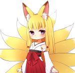  animal_ears blonde_hair blush closed_mouth detached_sleeves eyebrows_visible_through_hair fox_ears fox_tail hakama japanese_clothes kai_himo long_sleeves looking_at_viewer multiple_tails original purple_eyes red_hakama simple_background solo standing tail white_background wide_sleeves 