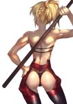  ass back bare_shoulders blonde_hair braid commentary_request contrapposto fate/apocrypha fate_(series) french_braid from_behind hand_on_hip highres mordred_(fate) mordred_(fate)_(all) muscle muscular_female rahato shoulder_blades skindentation solo staff standing thighhighs thong toned white_background 