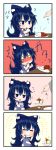  1girl 4koma =_= ? bare_arms blue_bow blue_eyes blue_hair blush bow cherry chibi closed_mouth comic commentary_request cup curry curry_rice debt drinking_glass eating eyebrows_visible_through_hair food fruit hair_between_eyes hair_bow hand_on_own_cheek hands_up happy highres holding holding_cup hood hood_down hoodie jakomurashi long_hair no_nose nose_blush o_o open_mouth out_of_frame plate pudding rice short_sleeves silent_comic smile solo_focus sparkle surprised table touhou upper_body whipped_cream yorigami_shion 