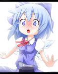  bangs blue_bow blue_eyes blue_hair blue_skirt blue_vest blush bow breasts cirno collared_shirt commentary_request dress_shirt eyebrows_visible_through_hair fang hair_between_eyes hair_bow ice ice_wings letterboxed looking_at_viewer makuran nose_blush open_mouth puffy_short_sleeves puffy_sleeves ring_box shirt short_sleeves simple_background skirt small_breasts solo tears touhou vest white_background white_day white_shirt wings 