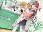  :d aihara_shouta apron bangs black_hair blue_eyes blush brown_hair counter cutting_board dutch_angle feet_out_of_frame food_print from_behind head_scarf indoors kitchen ladle lid long_hair looking_at_viewer miso_soup open_mouth original pantyhose plant pleated_skirt pot print_apron school_uniform serafuku sink skirt sleeves_rolled_up smile solo strawberry_print white_legwear 