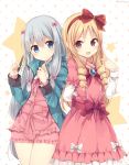  arm_behind_back blonde_hair blue_eyes bow brown_eyes dress drill_hair eromanga_sensei frown hairband holding holding_pen izumi_sagiri jacket layered_sleeves long_hair long_sleeves multiple_girls open_clothes open_jacket open_mouth pen pink_bow pink_dress polka_dot polka_dot_background red_bow red_hairband rento_(rukeai) short_shorts shorts silver_hair smile star starry_background yamada_elf 