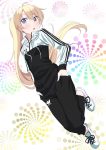  black_pants blonde_hair blue_eyes eyebrows_visible_through_hair floating_hair full_body hair_between_eyes hands_in_pockets long_hair new_game! open_mouth pants pink_x shoes sneakers solo sweater very_long_hair white_background white_footwear yagami_kou 