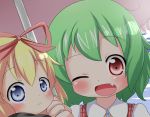  ;d bangs blonde_hair blue_eyes blue_sky blush closed_mouth cloud collared_shirt commentary_request day dress_shirt eyebrows_visible_through_hair fang frilled_umbrella frills green_hair hair_between_eyes hair_ribbon head_tilt holding holding_umbrella kazami_yuuka looking_at_viewer makuran medicine_melancholy multiple_girls one_eye_closed open_mouth outdoors pink_ribbon pink_umbrella plaid red_eyes ribbon shirt sky smile touhou umbrella white_shirt 