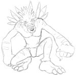  anthro barefoot black_and_white bulge clothed clothing digimon fundoshi japanese_clothing male monochrome muscular muscular_male simple_background sketch solo thegreatmatsutzu topless underwear weregarurumon white_background 